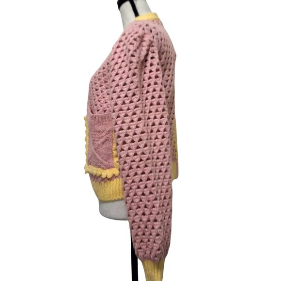 Zara Pink & Yellow Colorblock Crocheted Cardigan Jeweled Button Puff Sleeve Sz S - Picture 5 of 9